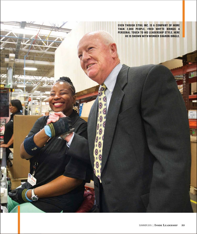 Fred Whyte, president of Stihl Inc., shown with line employee Sharon Dingle. The article by Nora Firestone explores the man behind Stihl's U.S. division and what makes him tick as a leader.