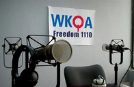 Picture of microphones at WKQA radio studio in Norfolk, Va. Photo by Nora Firestone.