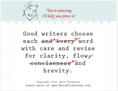 Nora Firestone's tip of the day: Good writers choose each word with care and revise for clarity, flow and brevity.  